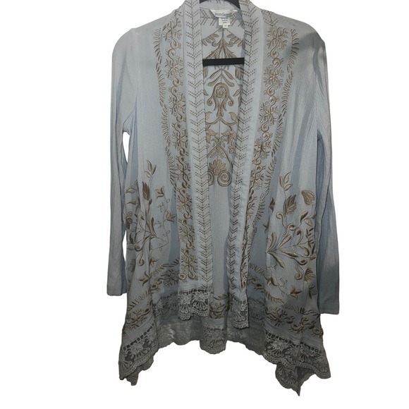 Sundance Sweaters - Sundance Embroidered Lace Trim Open Front Cardigan Blue Boho Medium